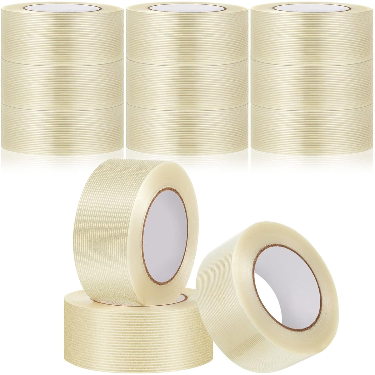 12 Rolls Filament Strapping Tape 5.7 Mil Heavy Duty Transparent Reinforced Fiberglass for Packaging Sealing Binding