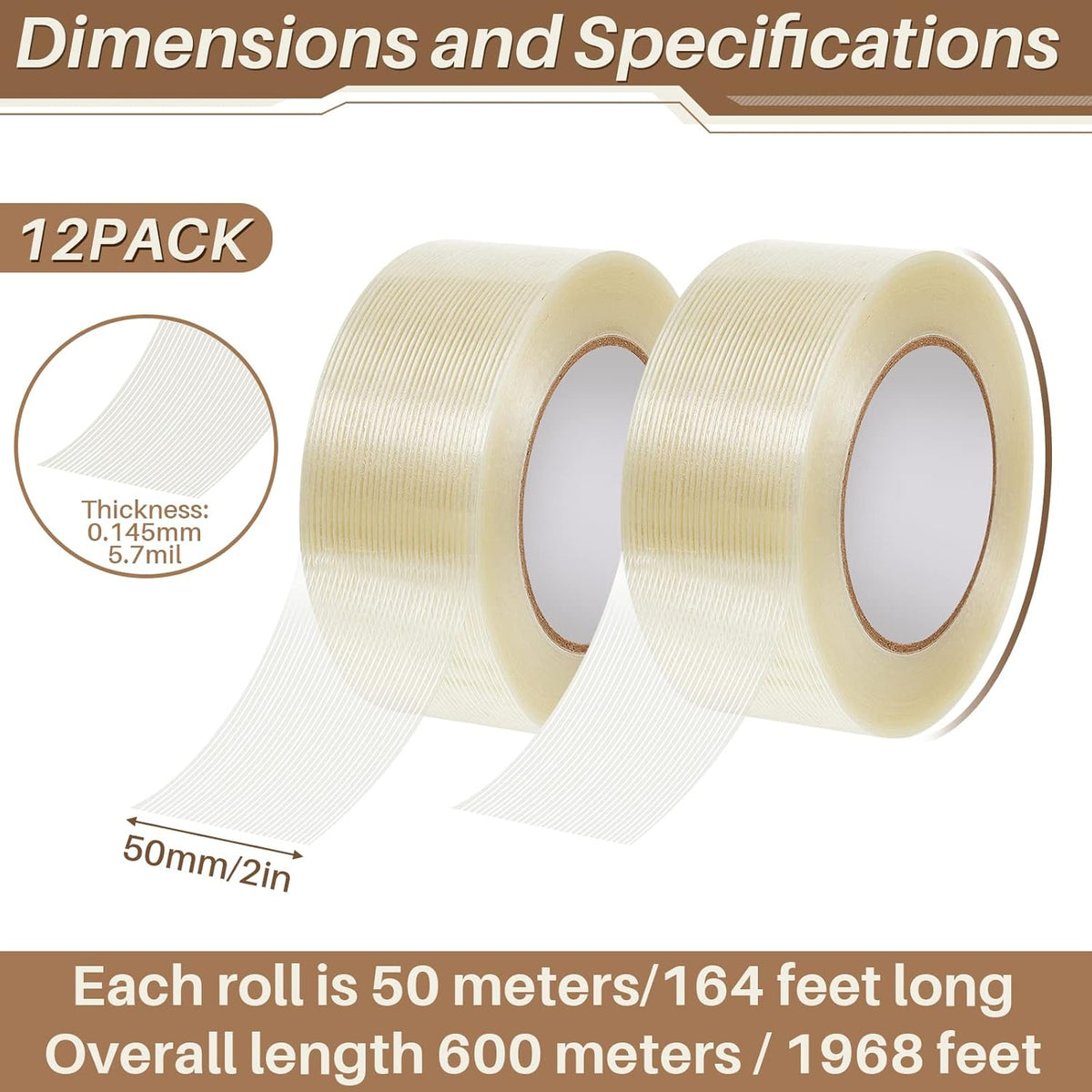 12 Rolls Filament Strapping Tape 5.7 Mil Heavy Duty Transparent Reinforced Fiberglass for Packaging Sealing Binding