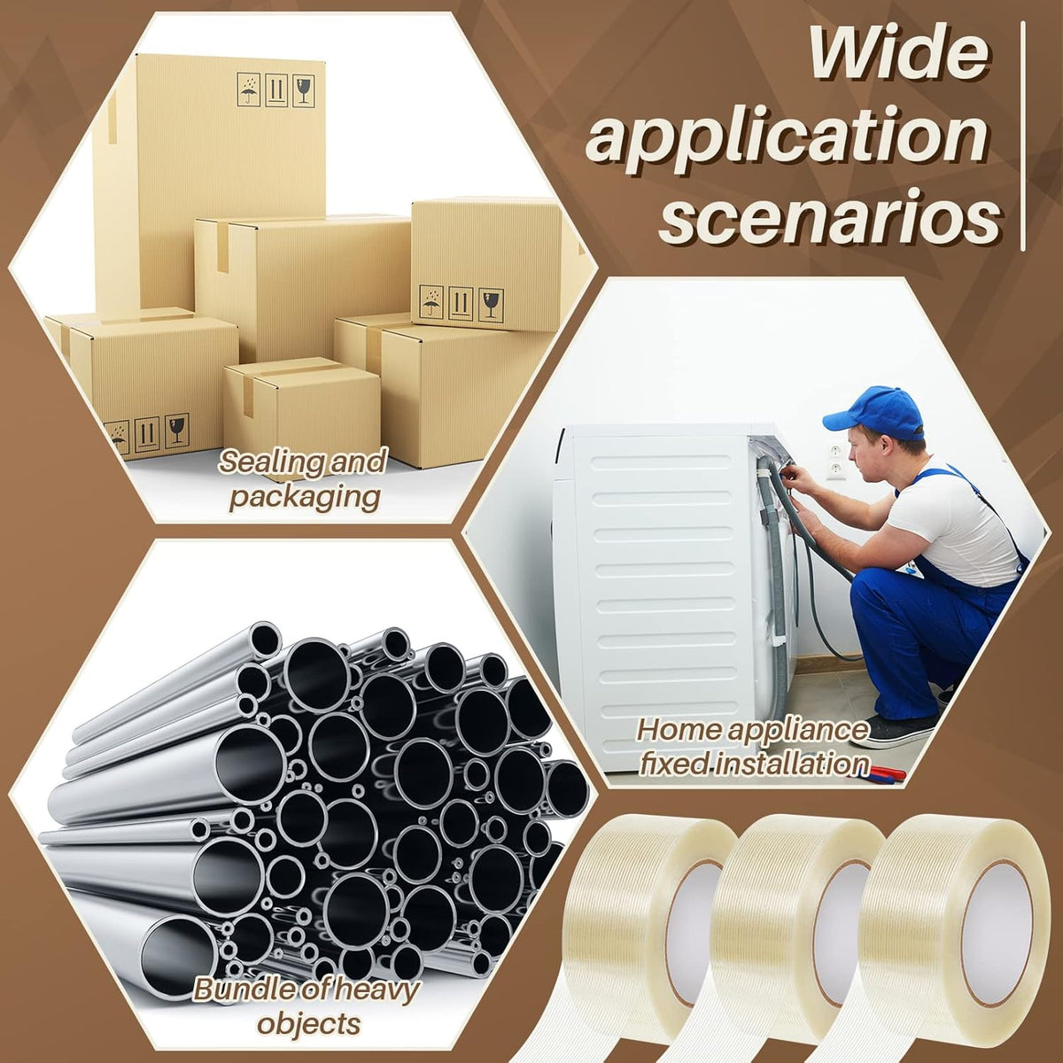 12 Rolls Filament Strapping Tape 5.7 Mil Heavy Duty Transparent Reinforced Fiberglass for Packaging Sealing Binding