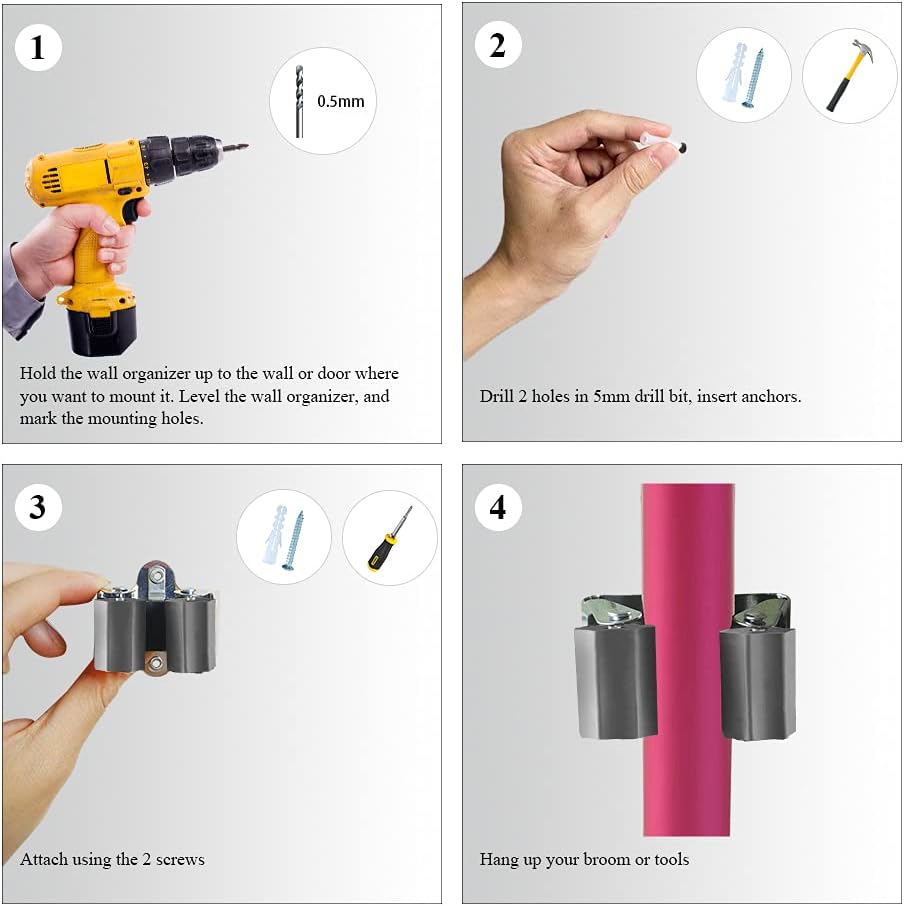 Petluno Broom Holder – Tool Holder Broom Wall Mount System Multi Wall Holder Mounting System Garden Tools Set