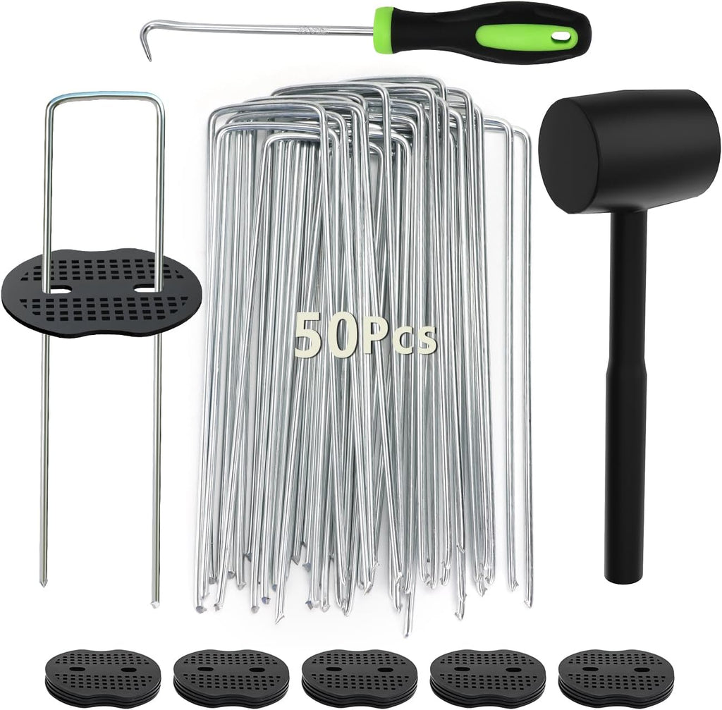 102 Piece 6 Inches Landscape Staples with Gasket Kit. 50 Piece U-Shaped Garden Stakes and Plastic Fixing Gasket