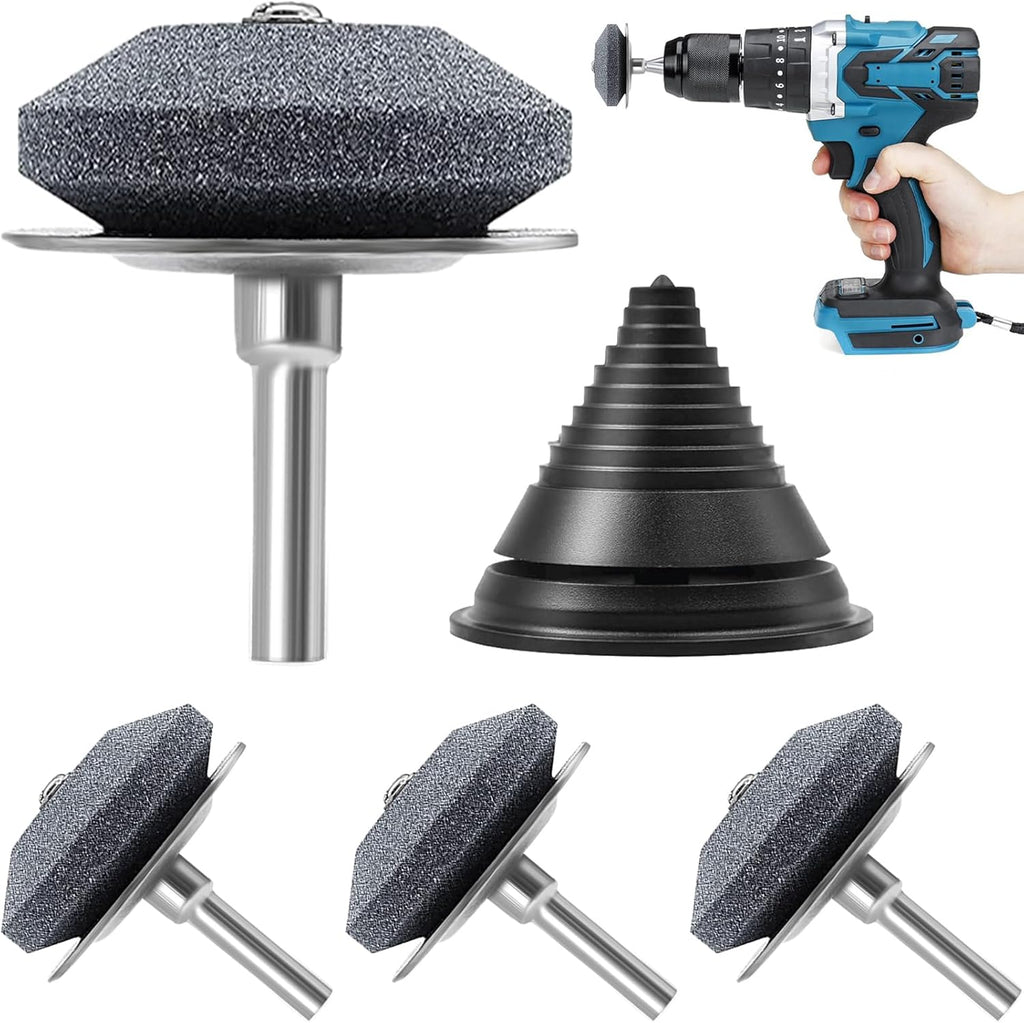 Lawn Mower Blade Sharpener Set – 1/4in Drill Shank – 4 Sharpeners + Balancer
