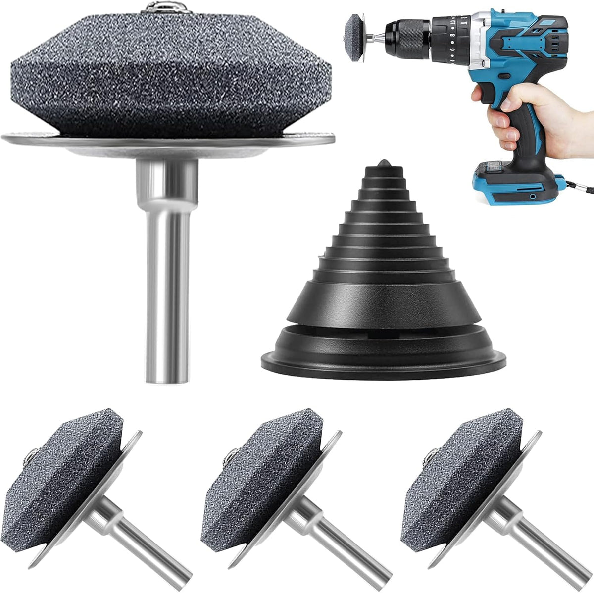 Lawn Mower Blade Sharpener Set – 1/4in Drill Shank – 4 Sharpeners + Balancer