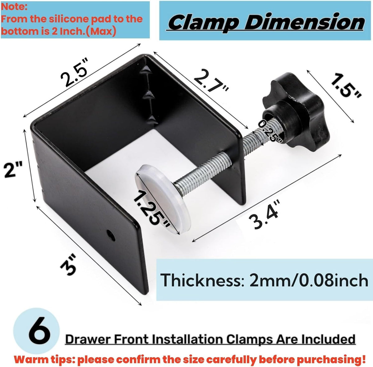 6 Pack C Clamps, 2 Inch Drawer Front Installation Clamp, Heavy Duty Cold Rolled Steel Desk Fixing Clip for Cabinet