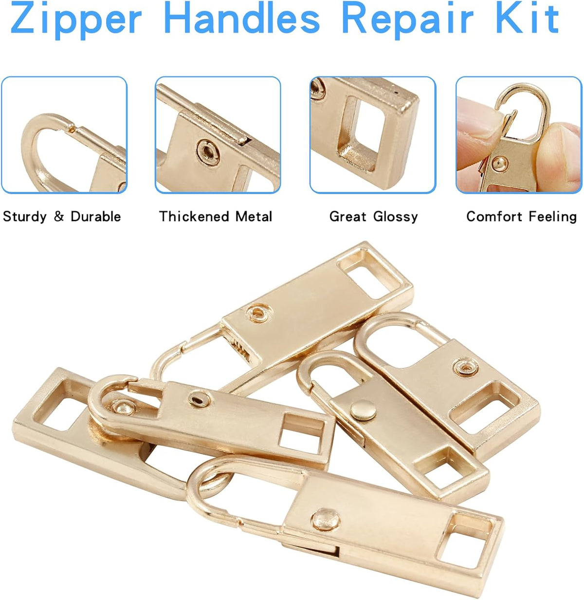 Biaungdo 6 Piece Zipper Pull Replacement, Detachable Zipper Pull Tabs Slider Metal Luggage Zipper Handle and Fixes