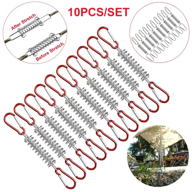10 Piece Tent Wind Rope Spring Buckle Tent Tensioner Camping Deck Pegs Carabiner Clips Awning Tightener Fixed Hook