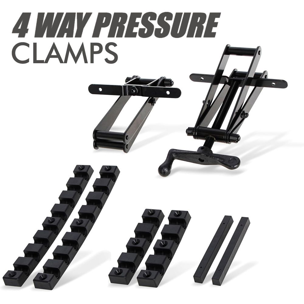 Four-Way Pressure Woodworking Clamp with Scissor-Head and Slotted Fixing Bars for Panel Gluing, Joinery – 1 Piece