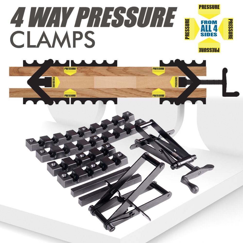 Four-Way Pressure Woodworking Clamp with Scissor-Head and Slotted Fixing Bars for Panel Gluing, Joinery – 2 Piece