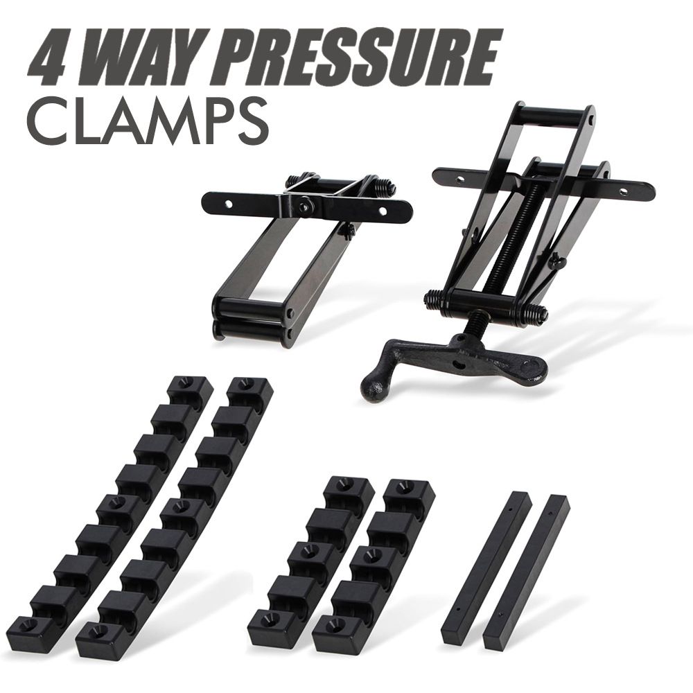 Four-Way Pressure Woodworking Clamp with Scissor-Head and Slotted Fixing Bars for Panel Gluing, Joinery – 2 Piece