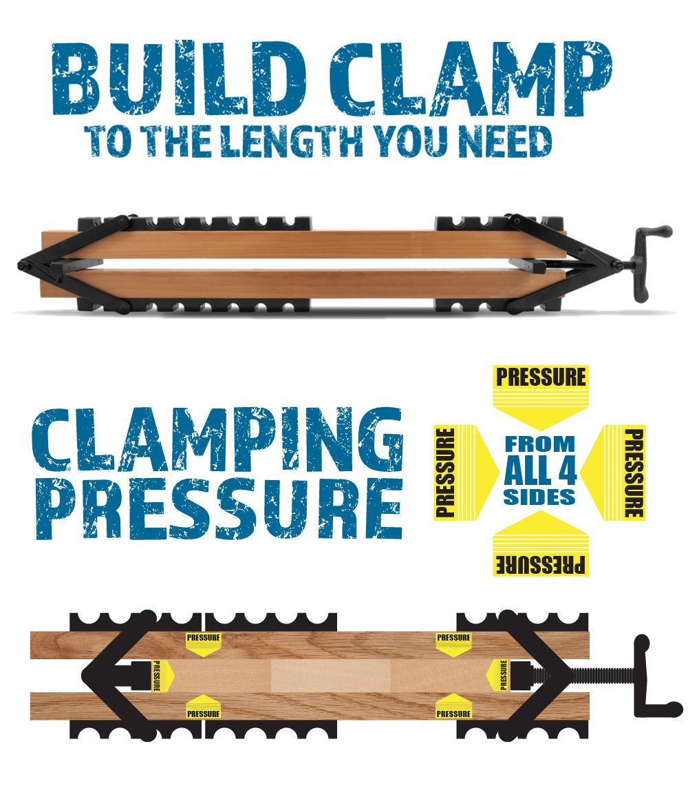 Four-Way Pressure Woodworking Clamp with Scissor-Head and Slotted Fixing Bars for Panel Gluing, Joinery – 2 Piece