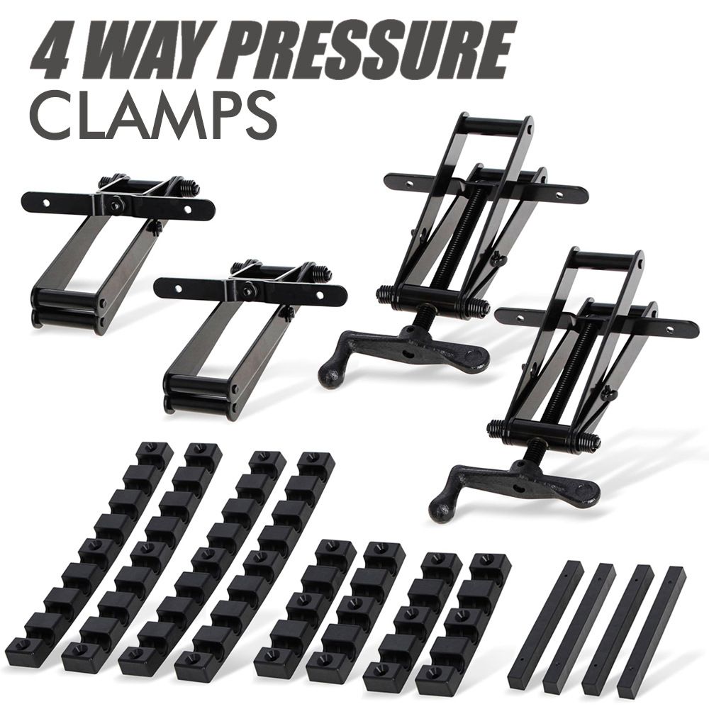 Four-Way Pressure Woodworking Clamp with Scissor-Head and Slotted Fixing Bars for Panel Gluing, Joinery – 2 Piece