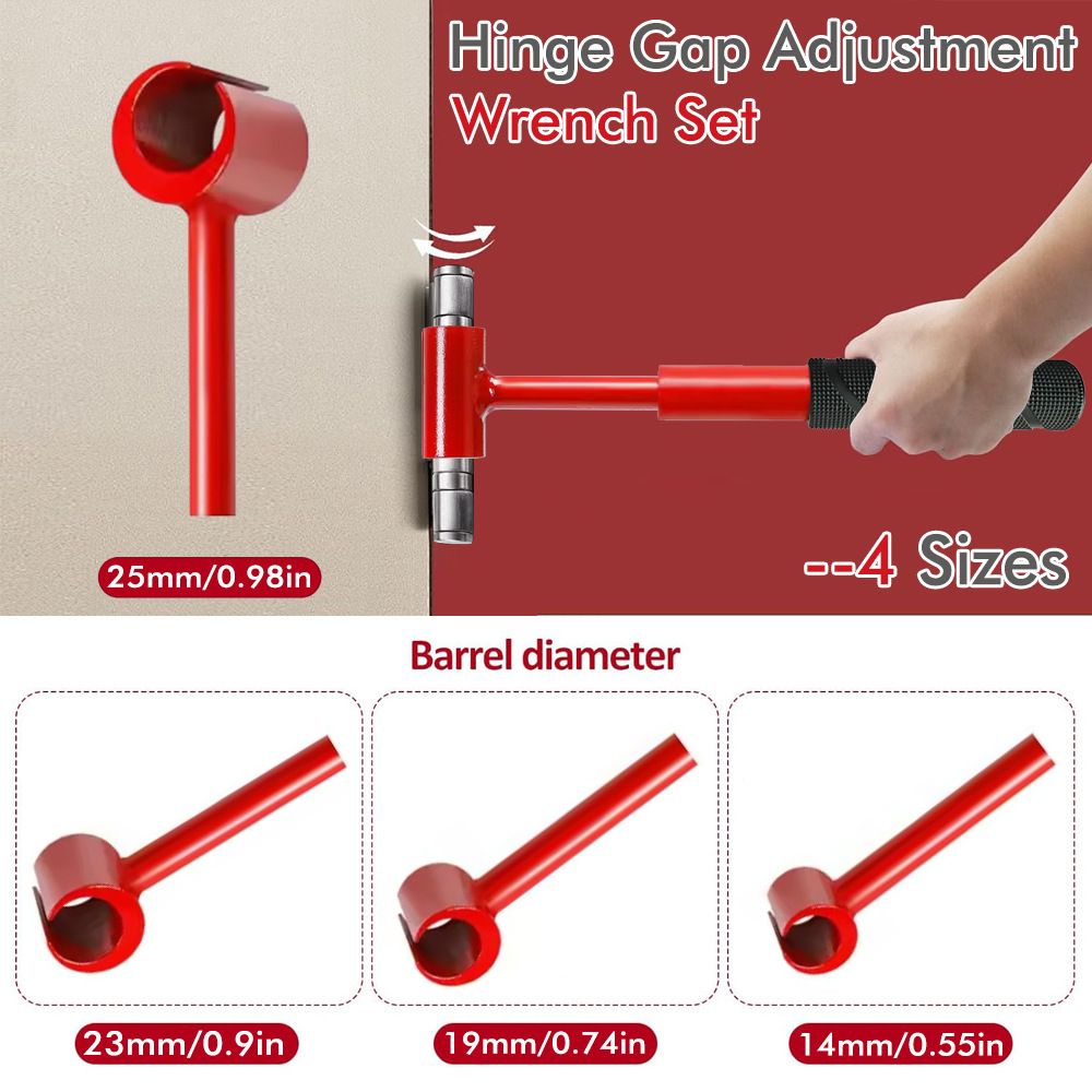 4-in-1 Hinge Gap Adjustment Wrench Set with Interchangeable Socket Heads for Fixing Door Sag, Misalignment – Socket Style – Red