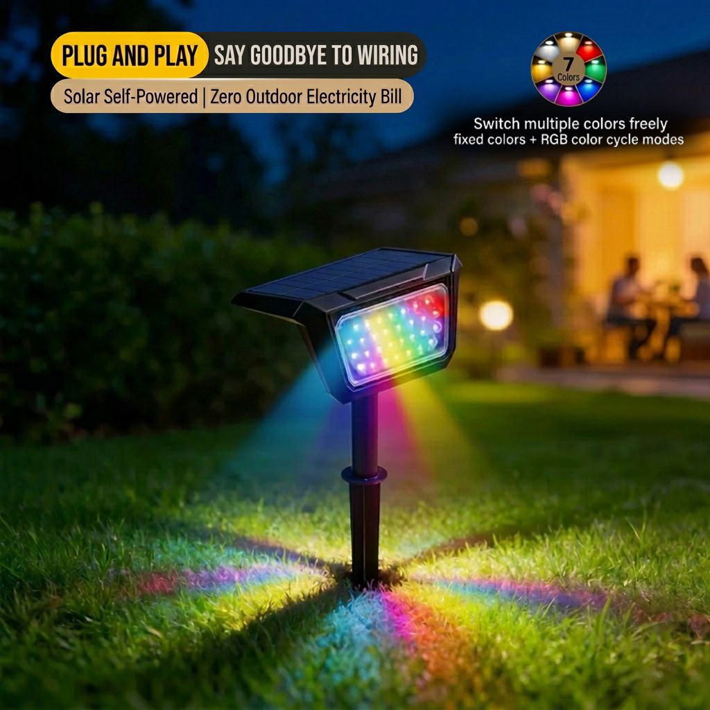 Solar Powered Outdoor RGB Landscape Spotlight with 7 Fixed Colors and Auto On/Off – 3 Piece