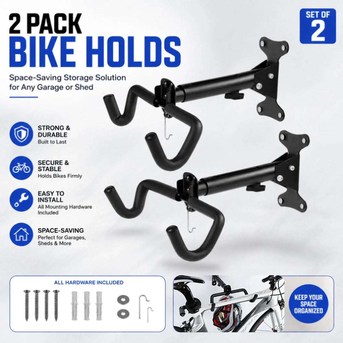 CARLA HOME 2-Pack Bike Wall Mount Rack – Adjustable Hook – Black – Adjustable Fixed Bike