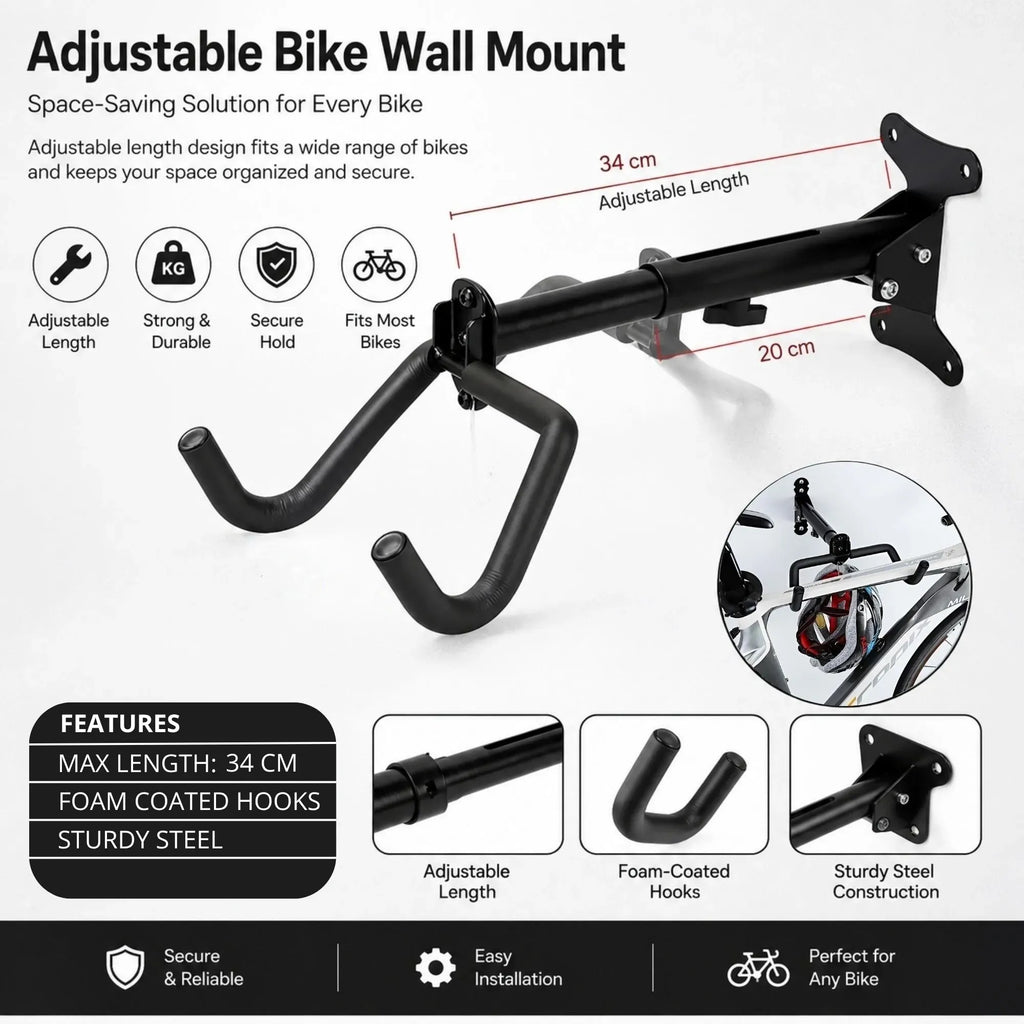 CARLA HOME 2-Pack Bike Wall Mount Rack – Adjustable Hook – Black – Adjustable Fixed Bike