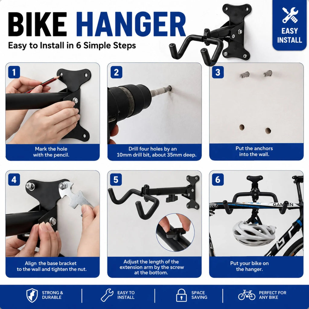 CARLA HOME 2-Pack Bike Wall Mount Rack – Adjustable Hook – Black – Adjustable Fixed Bike