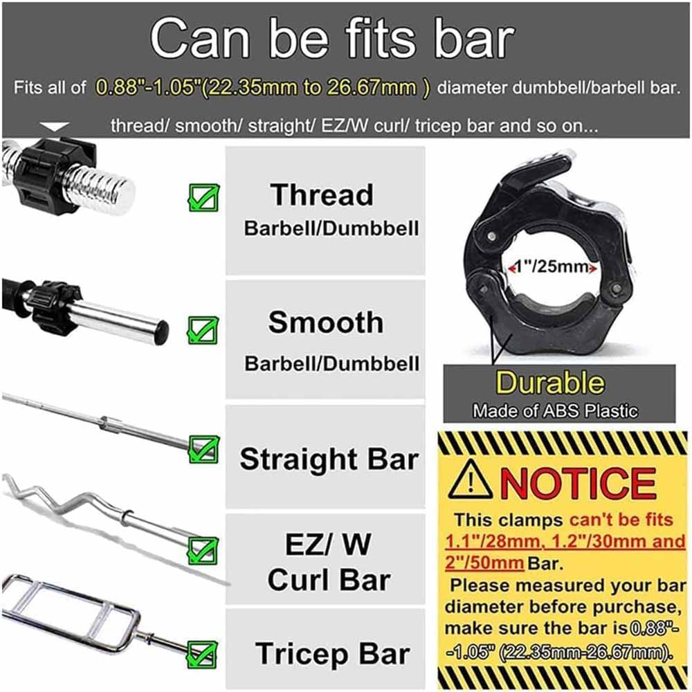 2 Piece 1in / 25mm Dumbbell Clamps Barbell Clamps Collars Clips Bar Plates Collar Clips Black