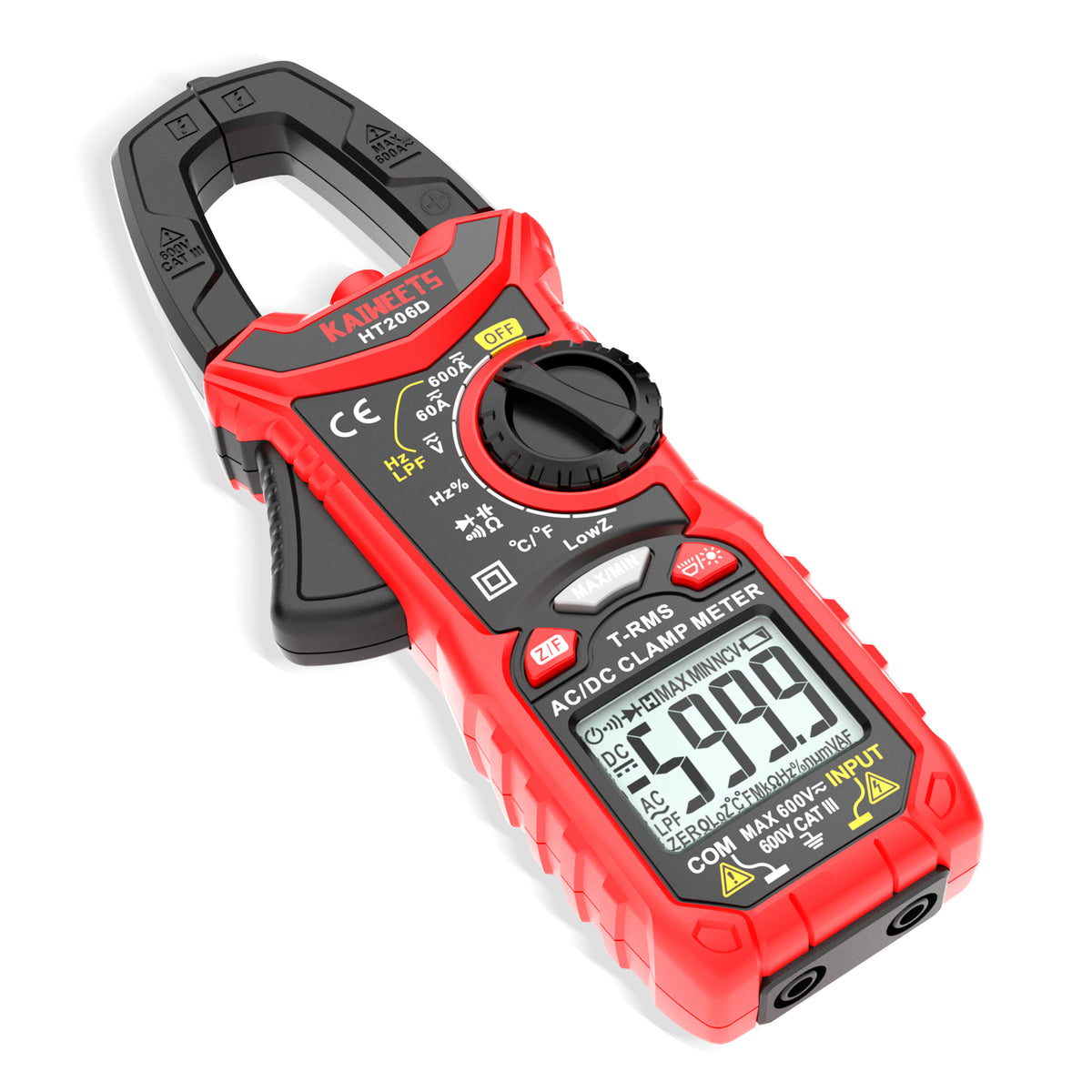 KAIWEETS HT206D True-RMS Digital Clamp Meter – 6000 Count – AC/DC
