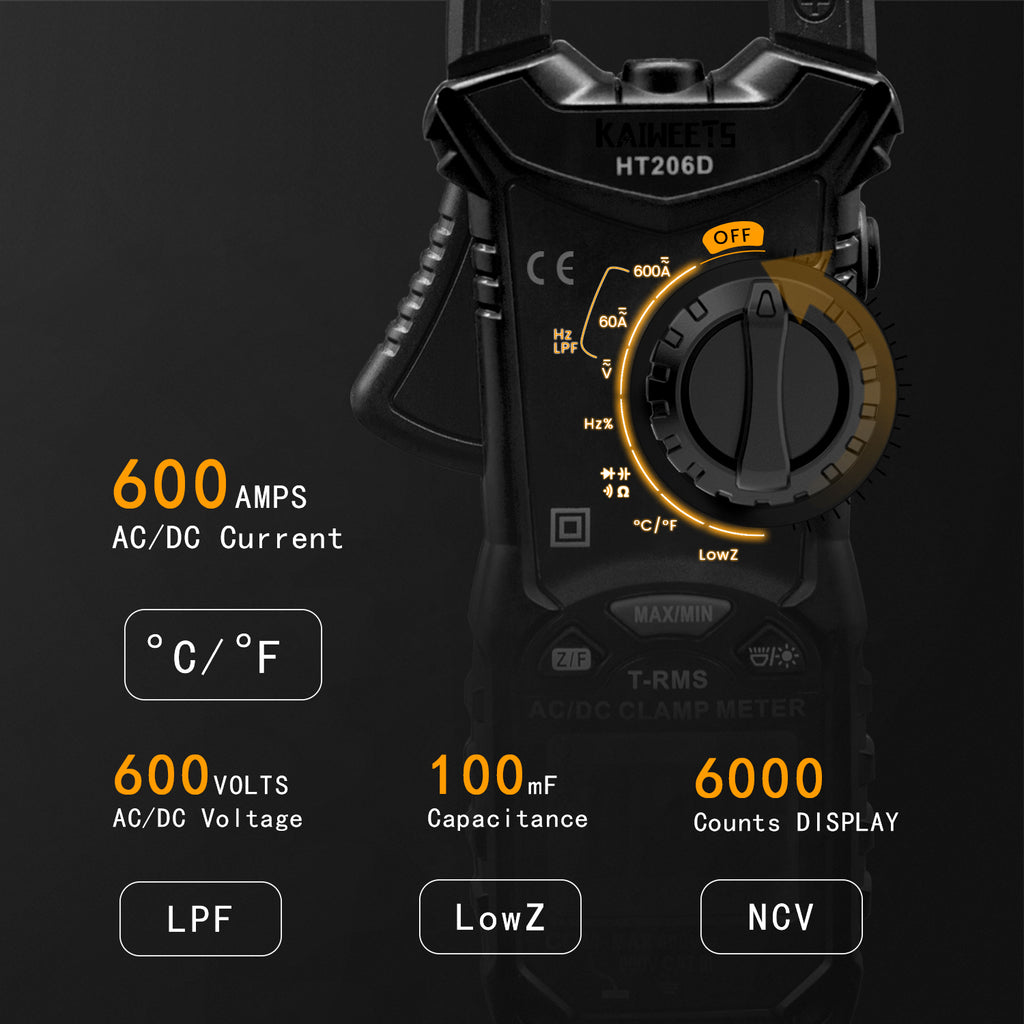 KAIWEETS HT206D True-RMS Digital Clamp Meter – 6000 Count – AC/DC