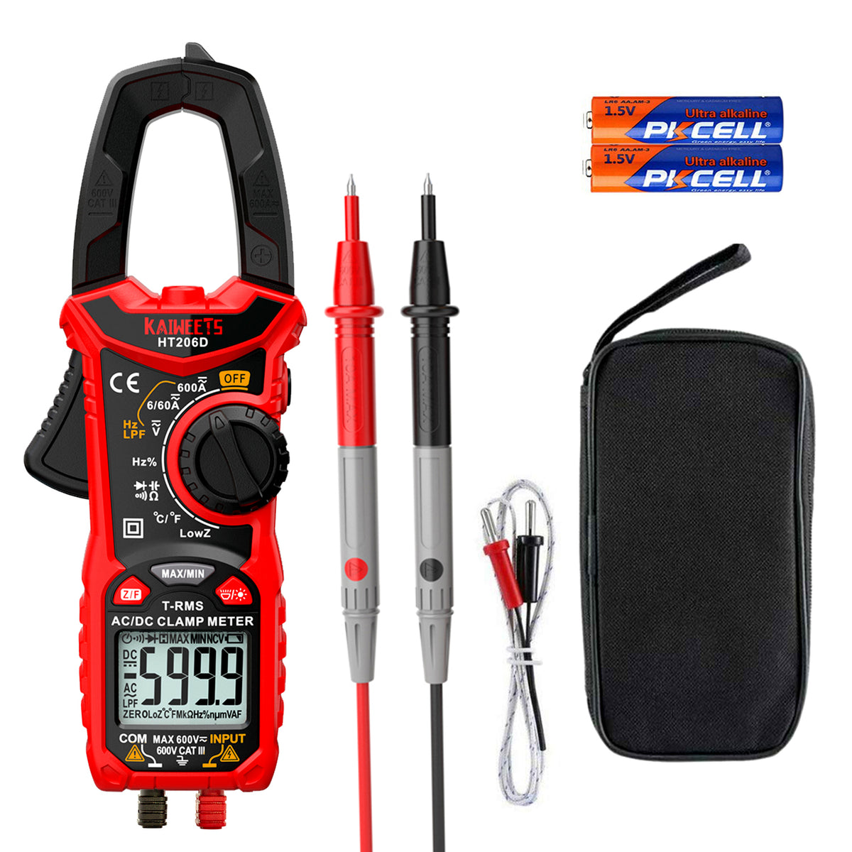 KAIWEETS HT206D True-RMS Digital Clamp Meter – 6000 Count – AC/DC