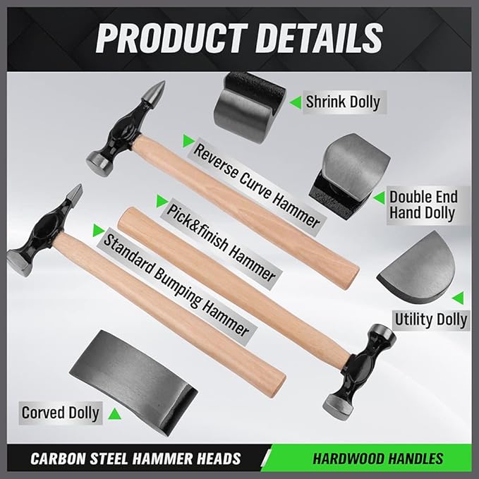 Auto Body Repair Hammer & Dolly Kit – 7 Piece – Carbon Steel