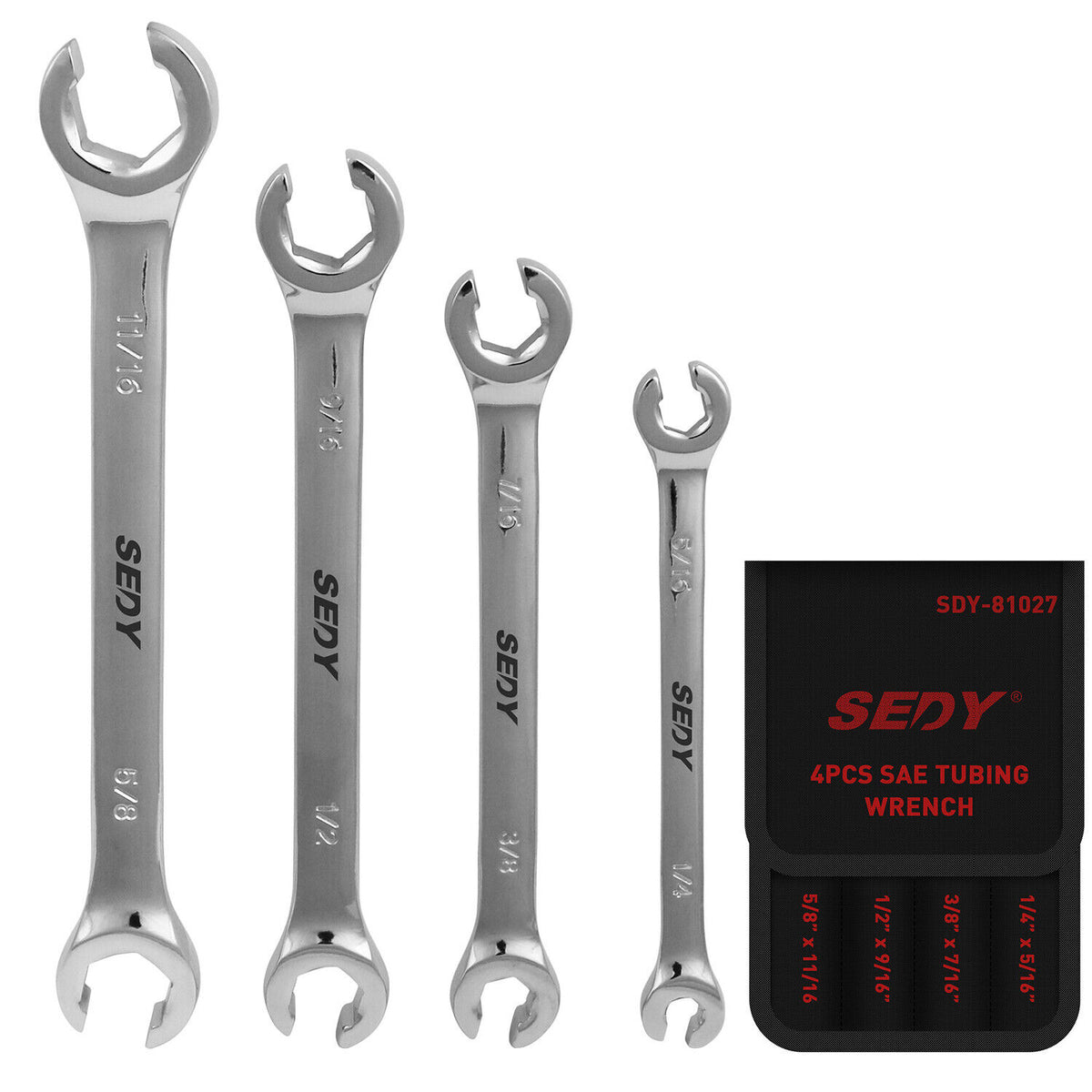 SEDY 4 Piece Flare Nut Spanner Set SAE Brake Line Wrench Offset Head Organizer Pouch
