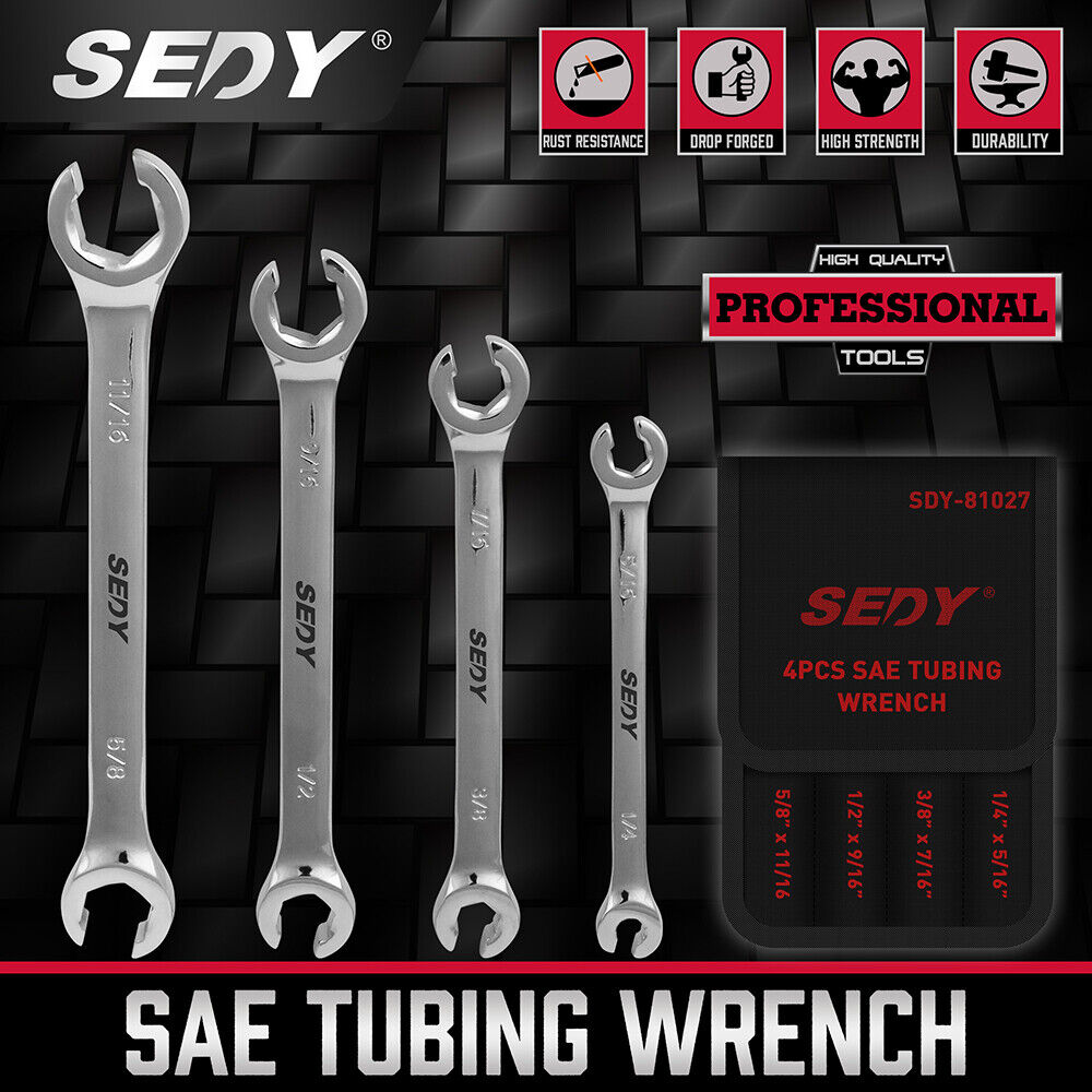 SEDY 4 Piece Flare Nut Spanner Set SAE Brake Line Wrench Offset Head Organizer Pouch