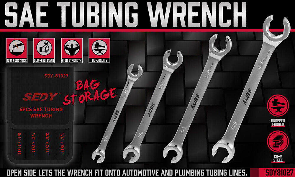 SEDY 4 Piece Flare Nut Spanner Set SAE Brake Line Wrench Offset Head Organizer Pouch