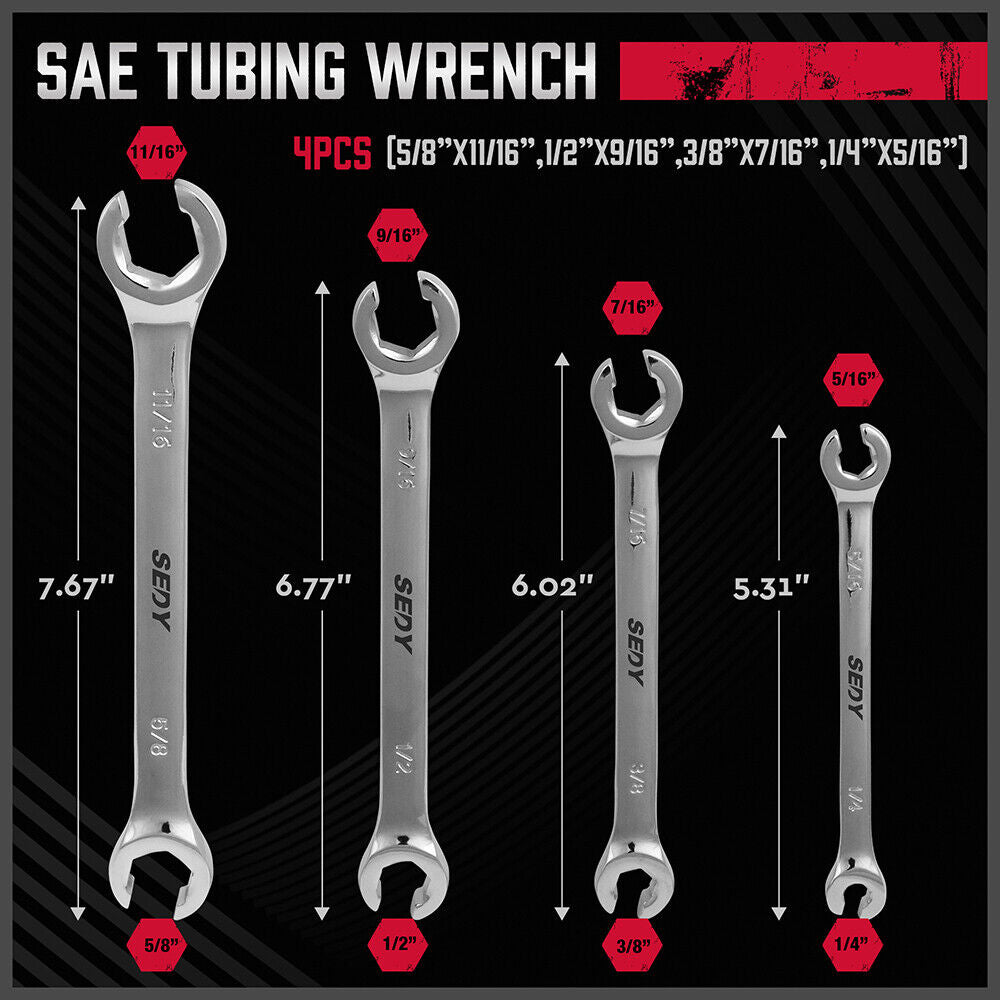 SEDY 4 Piece Flare Nut Spanner Set SAE Brake Line Wrench Offset Head Organizer Pouch