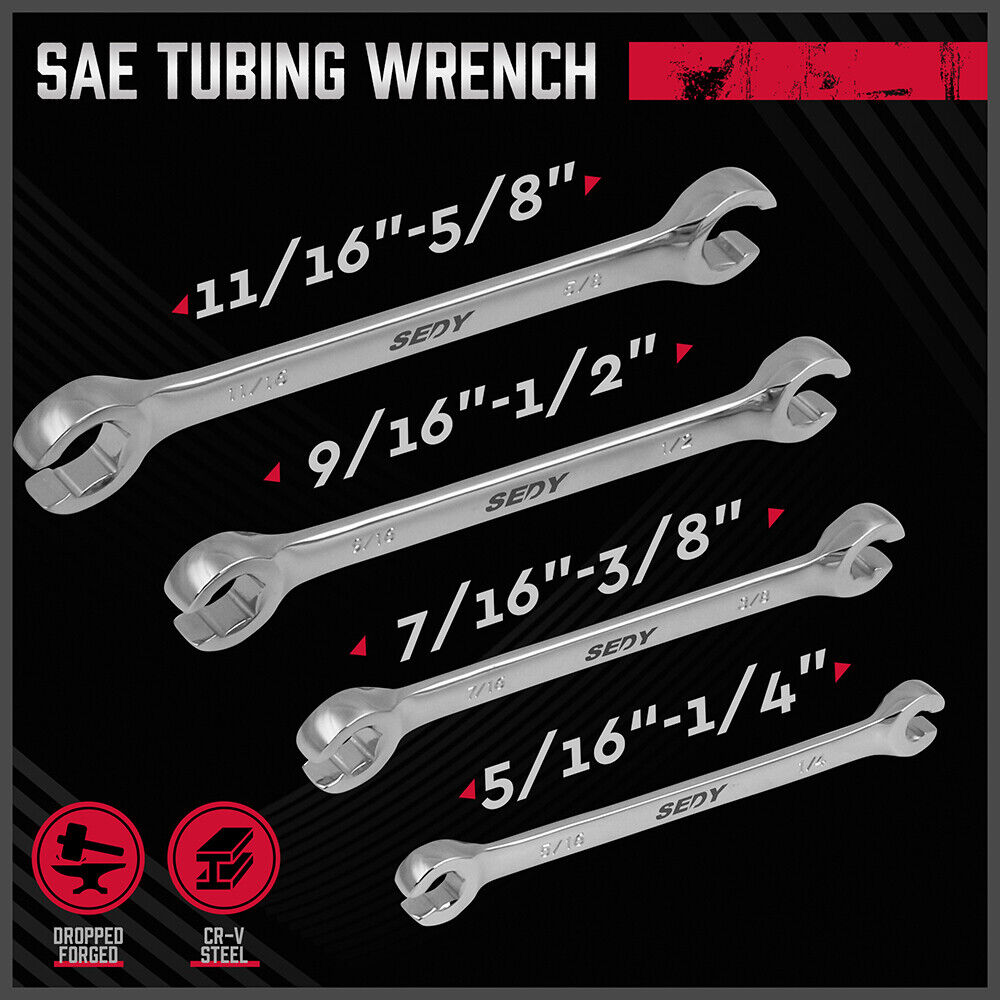 SEDY 4 Piece Flare Nut Spanner Set SAE Brake Line Wrench Offset Head Organizer Pouch