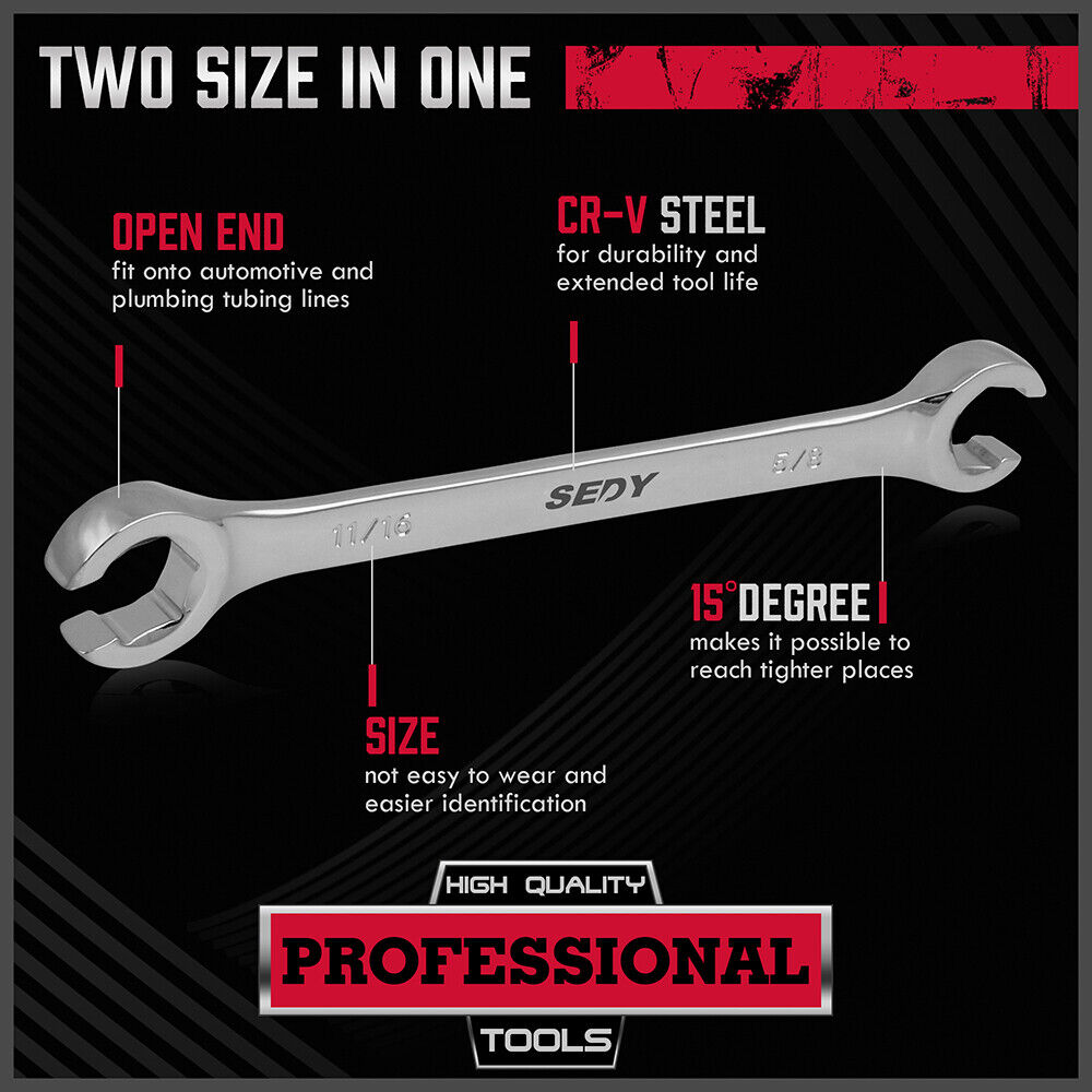 SEDY 4 Piece Flare Nut Spanner Set SAE Brake Line Wrench Offset Head Organizer Pouch