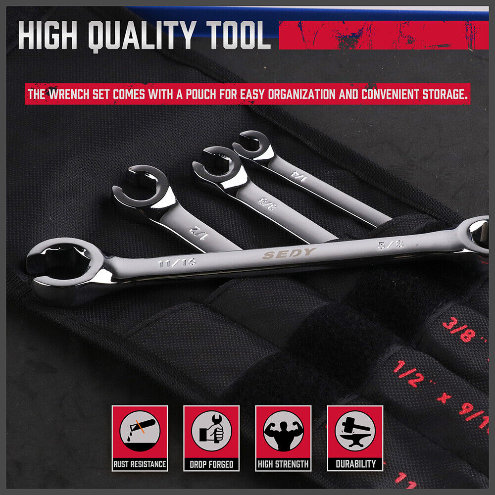 SEDY 4 Piece Flare Nut Spanner Set SAE Brake Line Wrench Offset Head Organizer Pouch