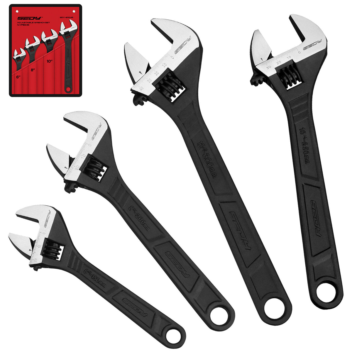 SEDY 4 Piece Adjustable Wrench Set Shifter Heavy Duty SAE & Metric Household Repair