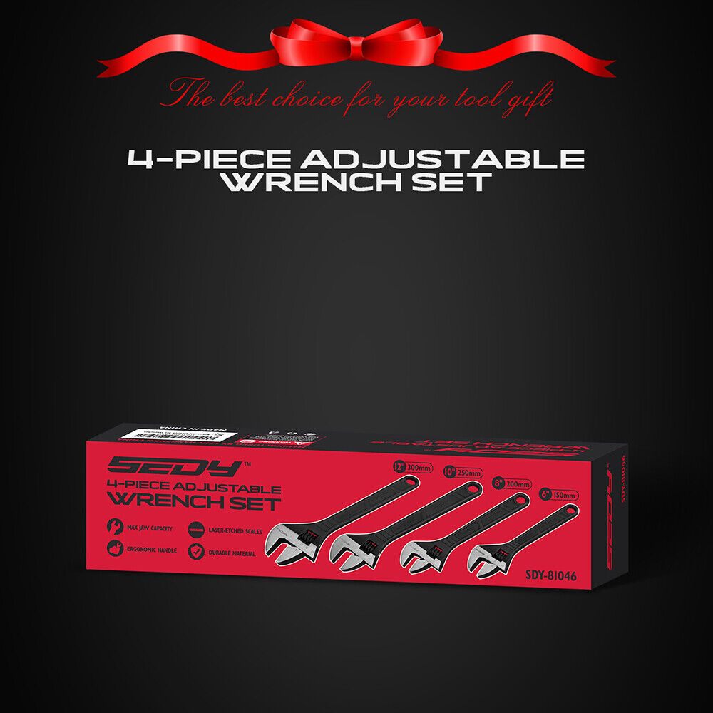 SEDY 4 Piece Adjustable Wrench Set Shifter Heavy Duty SAE & Metric Household Repair
