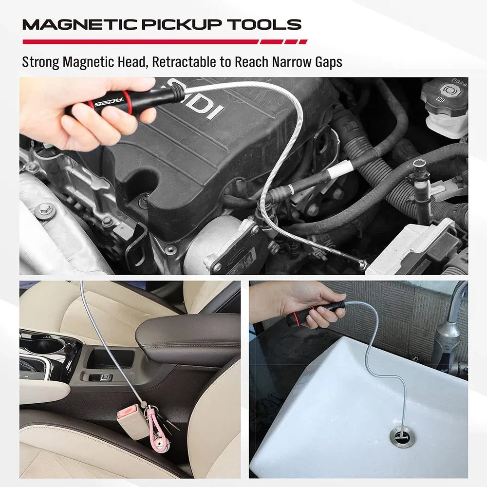 SEDY 4 Piece Magnetic Tray Pick-Up Tool Set Flexible Magnet Holder Auto Repair
