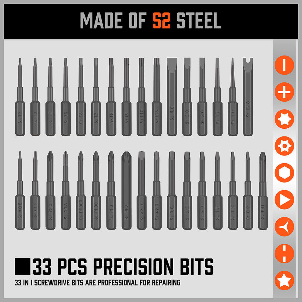 33 Piece PRECISION SCREWDRIVER SET BITS PHILIP FLAT SLOTTED TORX HEX ELECTRONIC FIX