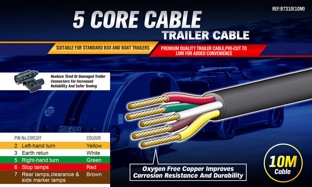 5-Core Trailer Cable – 10m – V90 PVC – Automotive, Caravan & Boat