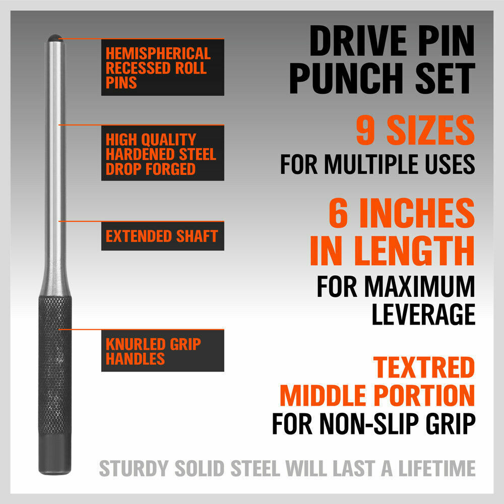 9 Piece Roll Pin Punch Set Bolt Catch Gun Building Removing Repair Tool Canvas Pouch