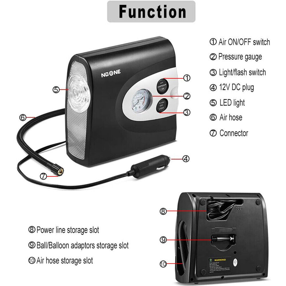 NOONE 3 IN 1 Air Compressor Tyre Inflator 12V Portable Car Tyre Inflator Pump