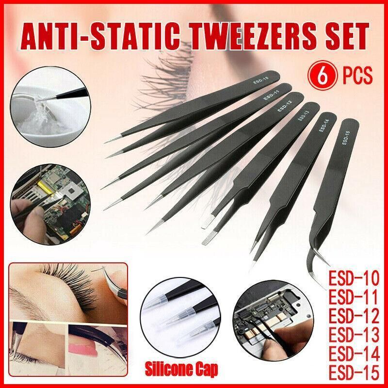 6 Piece ESD Anti-Static Stainless Steel Tweezer Set Precision Repair Tools for Electronics Jewellery Model Building
