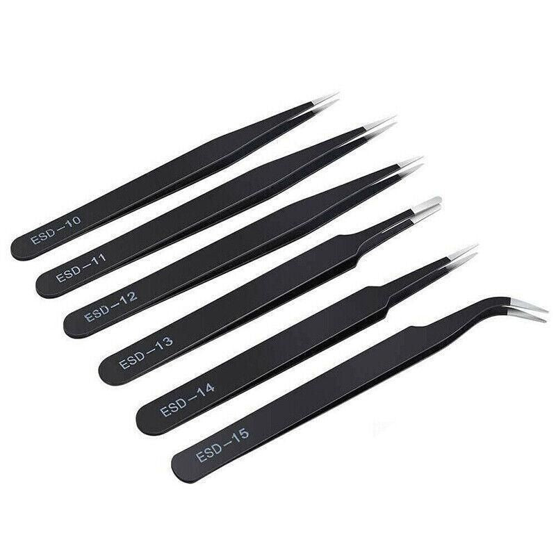 6 Piece ESD Anti-Static Stainless Steel Tweezer Set Precision Repair Tools for Electronics Jewellery Model Building