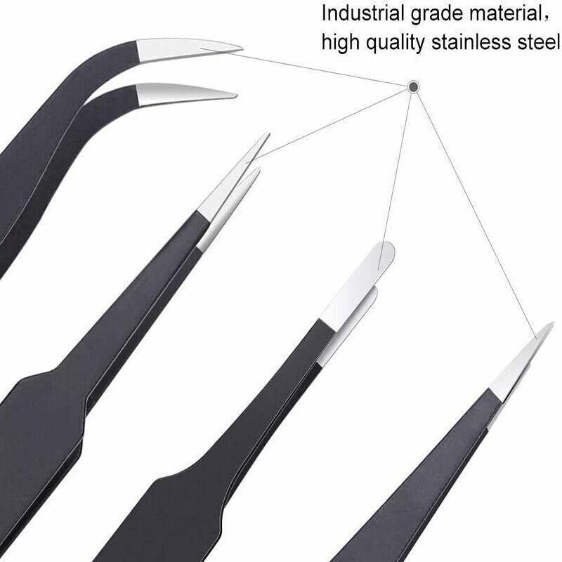 6 Piece ESD Anti-Static Stainless Steel Tweezer Set Precision Repair Tools for Electronics Jewellery Model Building