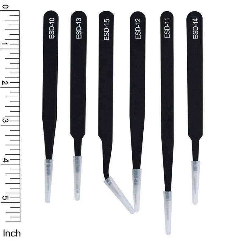 6 Piece ESD Anti-Static Stainless Steel Tweezer Set Precision Repair Tools for Electronics Jewellery Model Building