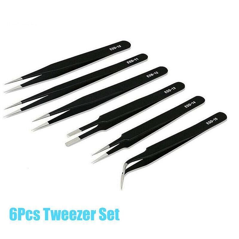 6 Piece ESD Anti-Static Stainless Steel Tweezer Set Precision Repair Tools for Electronics Jewellery Model Building