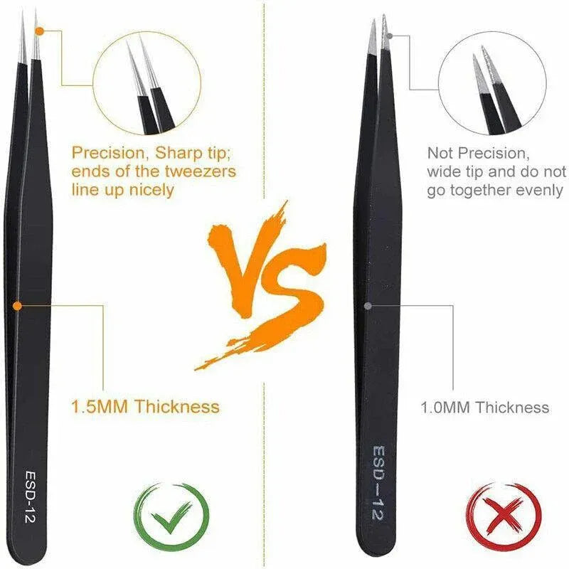 6 Piece ESD Anti-Static Stainless Steel Tweezer Set Precision Repair Tools for Electronics Jewellery Model Building