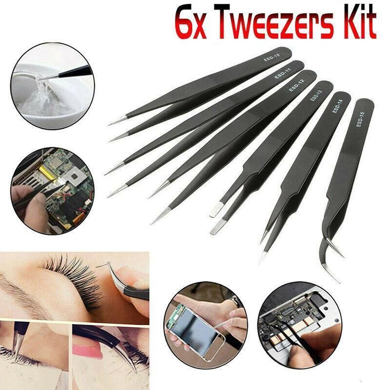 6 Piece ESD Anti-Static Stainless Steel Tweezer Set Precision Repair Tools for Electronics Jewellery Model Building
