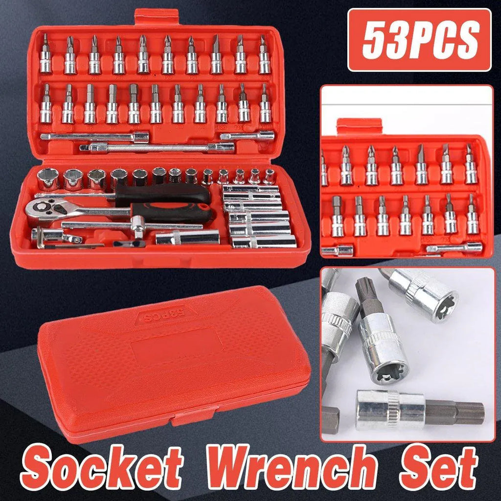 53 Piece Metric Deep Socket Set 1/4" Drive Wrench with Flexible Extension Bar Tools
