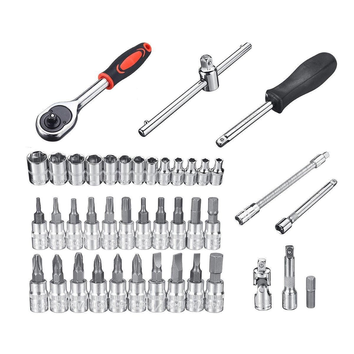 53 Piece Metric Deep Socket Set 1/4" Drive Wrench with Flexible Extension Bar Tools