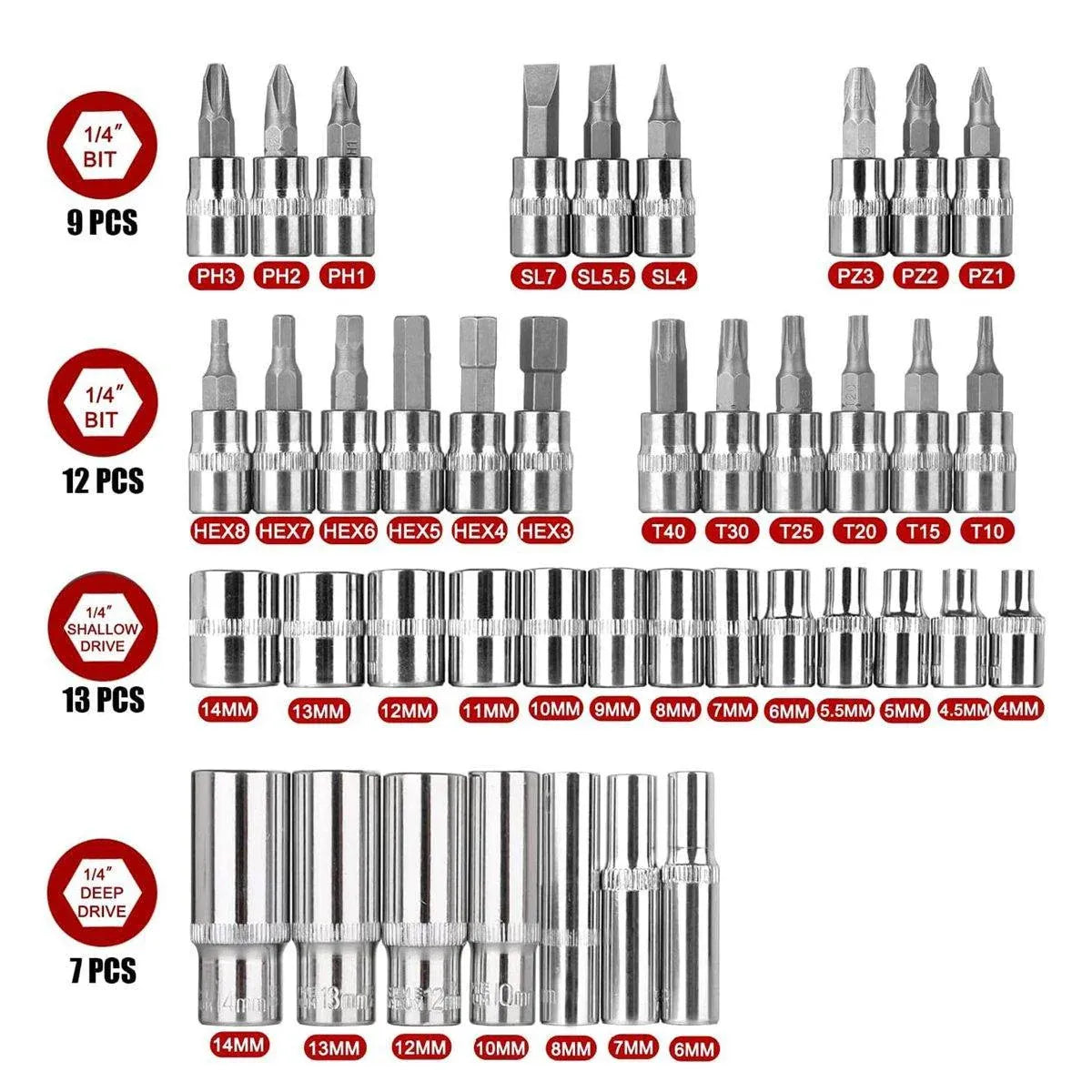 53 Piece Metric Deep Socket Set 1/4" Drive Wrench with Flexible Extension Bar Tools