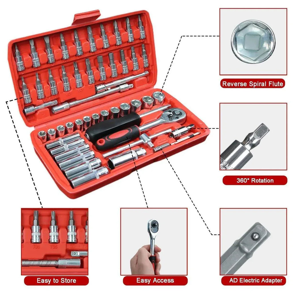 53 Piece Metric Deep Socket Set 1/4" Drive Wrench with Flexible Extension Bar Tools